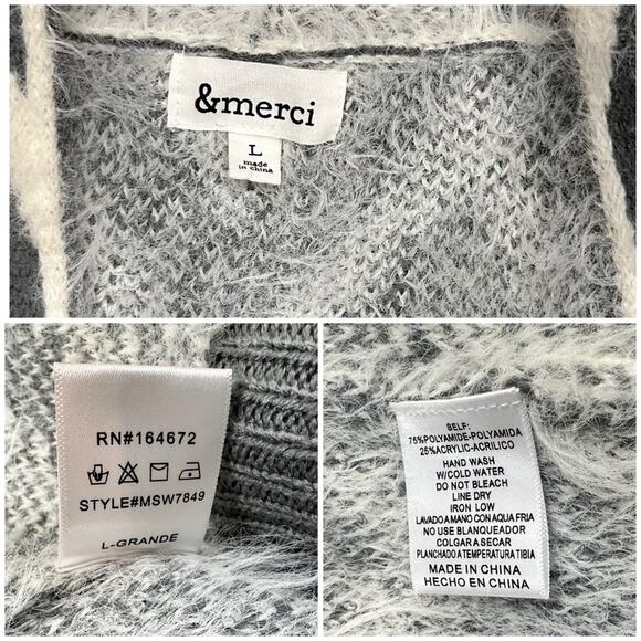 NWOT &Merci Cozy Mohair Grey and White Fuzzy Batik Print Cardigan SZ L$69 - Picture 10 of 10